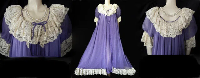 * GORGEOUS RARE, RARE VINTAGE ROVEL DOUBLE NYLON DRIPPING IN LUSCIOUS ECRU LACE NIGHTGOWN & PEIGNOIR IN TANZANITE