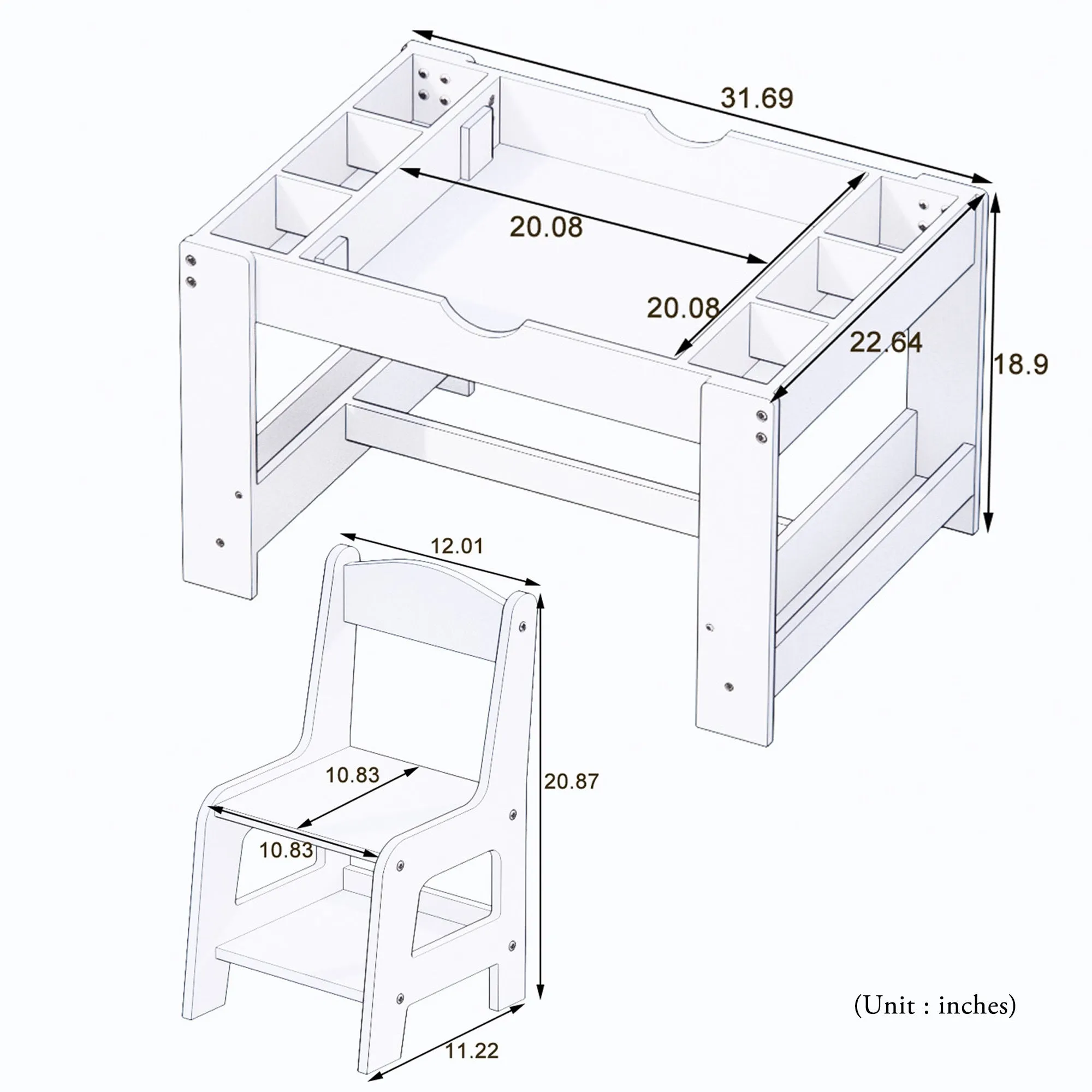 2 in 1 Play Table and 2 Chair Set with Storage, Compatible with LEGO and Duplo Bricks, Activity Table Playset Furniture with Modern White Color