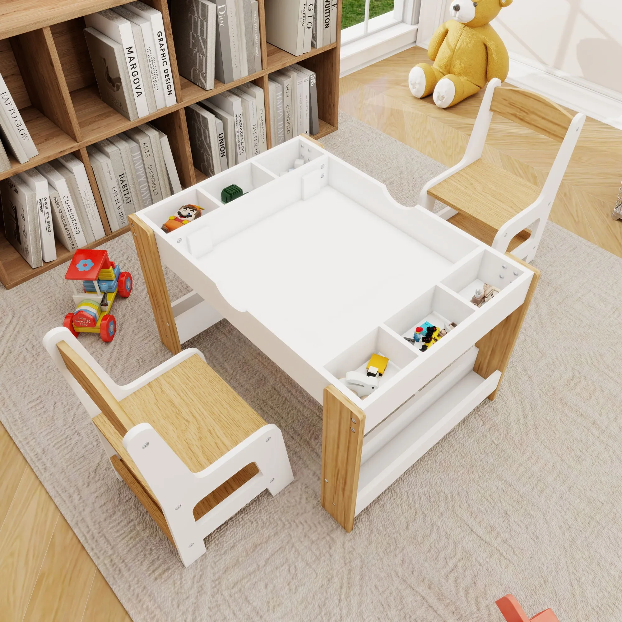 2 in 1 Play Table and 2 Chair Set with Storage, Compatible with LEGO and Duplo Bricks, Activity Table Playset Furniture with Modern White Color