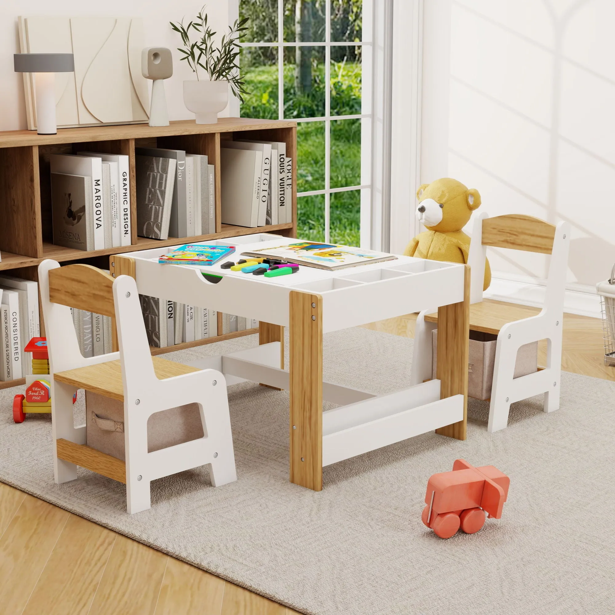 2 in 1 Play Table and 2 Chair Set with Storage, Compatible with LEGO and Duplo Bricks, Activity Table Playset Furniture with Modern White Color