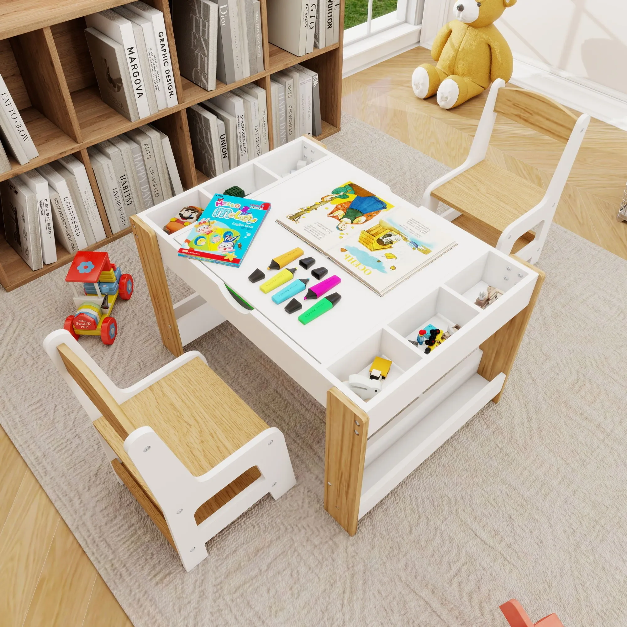 2 in 1 Play Table and 2 Chair Set with Storage, Compatible with LEGO and Duplo Bricks, Activity Table Playset Furniture with Modern White Color