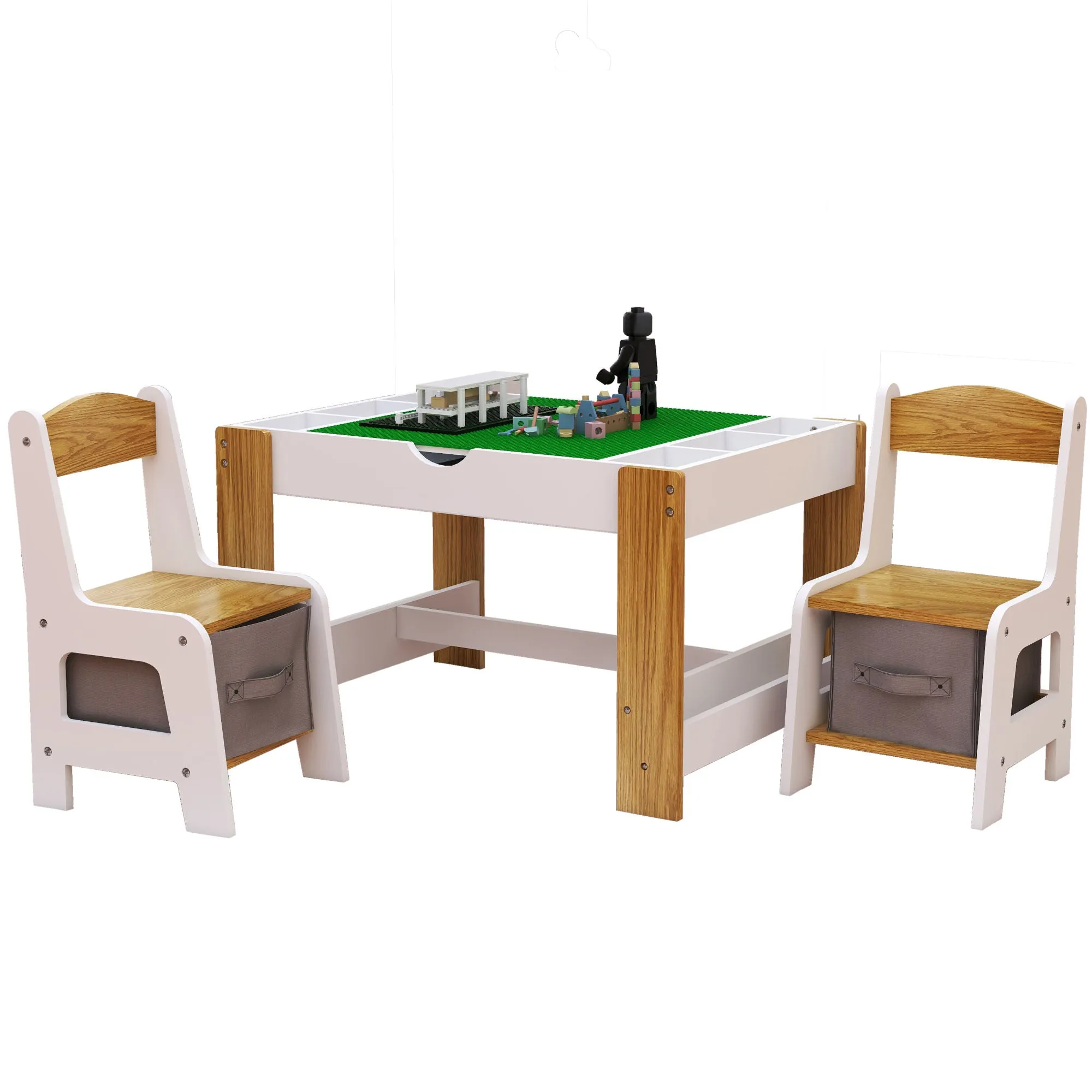 2 in 1 Play Table and 2 Chair Set with Storage, Compatible with LEGO and Duplo Bricks, Activity Table Playset Furniture with Modern White Color