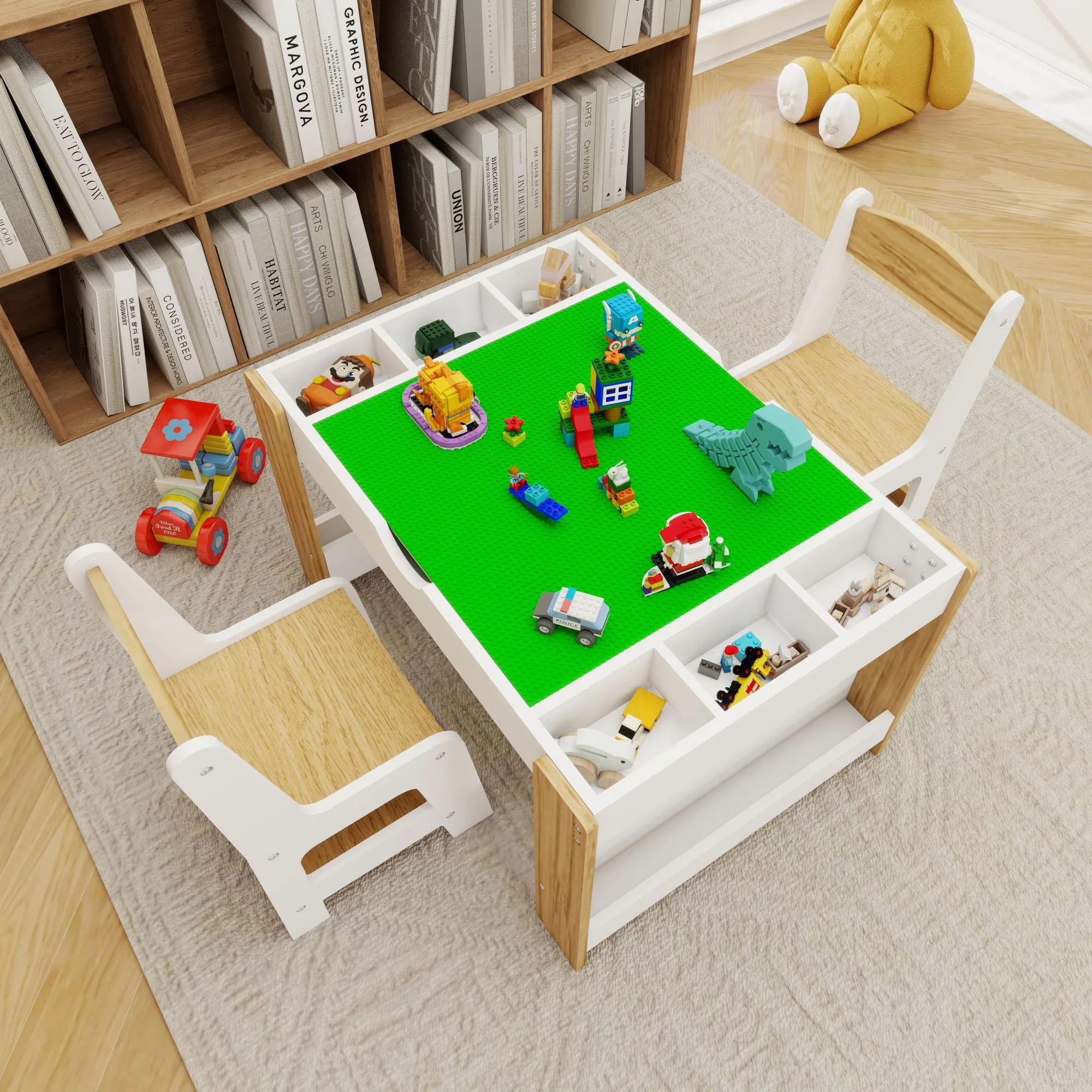 2 in 1 Play Table and 2 Chair Set with Storage, Compatible with LEGO and Duplo Bricks, Activity Table Playset Furniture with Modern White Color