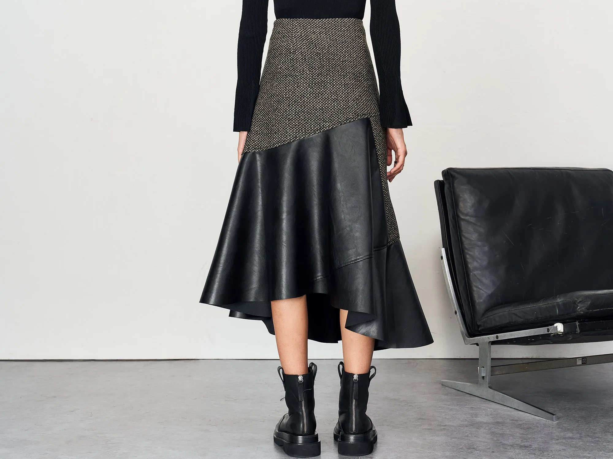 Asymmetric Check Wool Skirt